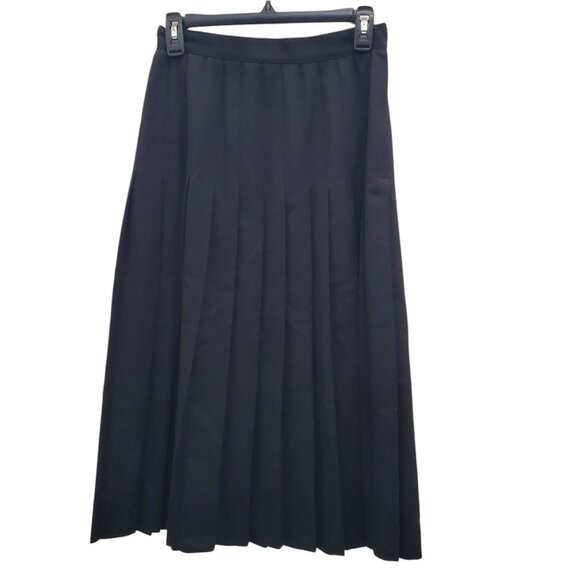 Ballantyne Vintage 1980s Black 100% Pure Wool High Waisted Pleated Midi‎ Skirt 8 - Picture 1 of 6
